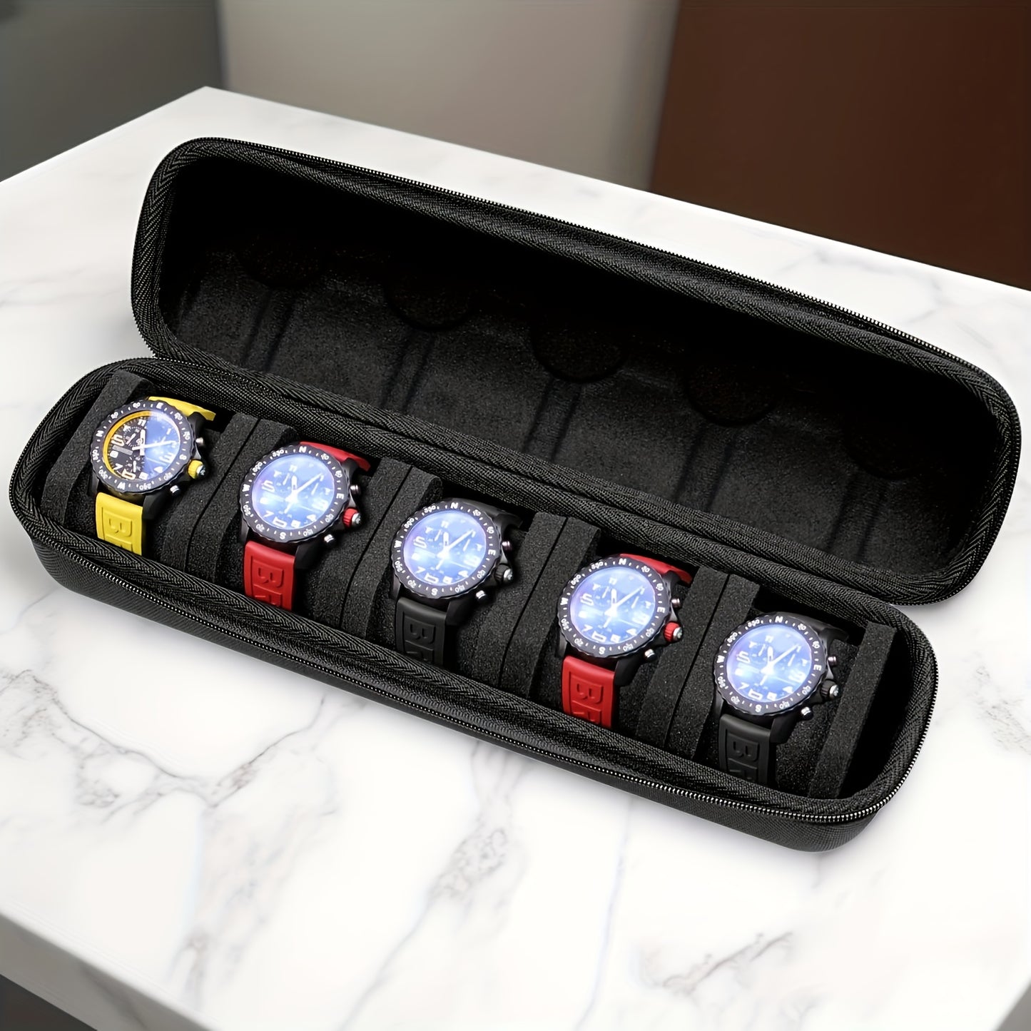 Single Piece 5-Compartment for Watch Storage Solution, Featuring a Cushioned Divider And Handle, Flip-Top Lid, Robust Travel Case, Scratch-Proof Design, Suitable for All Genders, Versatile for Home And Travel Use, Protective Cushioning