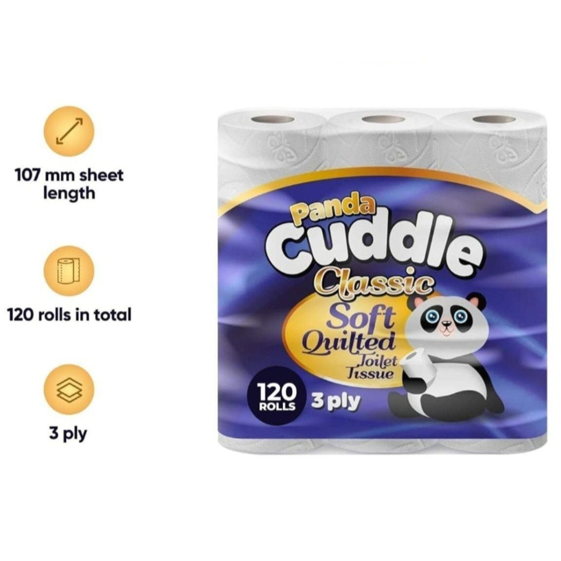 Panda Cuddle 120 Rolls, 3‑Ply Quilted Toilet Paper | Made in the UK | Luxuriously Soft, Gentle and Hypoallergenic Toilet Rolls | Family Value Pack of 120 Rolls, Gentle Bulk Bathroom Tissue, Unscented | Fast Dispatch from UK Seller