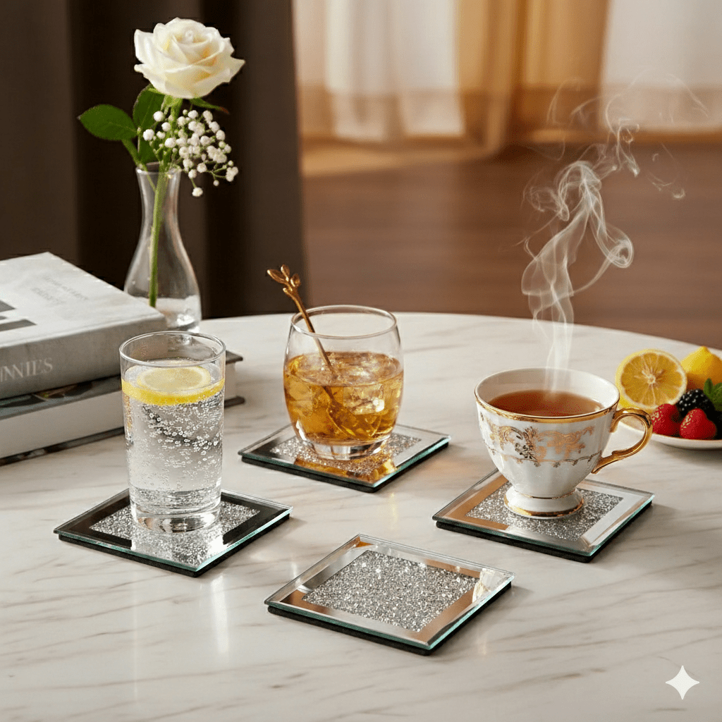 Serena's® Set of 4 Crystal Coasters – 10cm Glass Mirrored Drink Coasters with Glitter Crushed Diamond Design – Elegant Coasters for Home, Kitchen, Bar, or Table Decoration