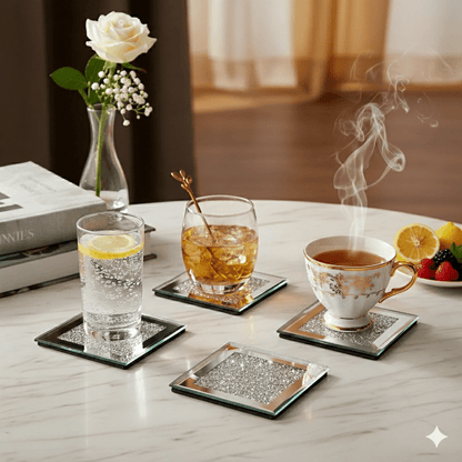 Serena's® Set of 4 Crystal Coasters – 10cm Glass Mirrored Drink Coasters with Glitter Crushed Diamond Design – Elegant Coasters for Home, Kitchen, Bar, or Table Decoration