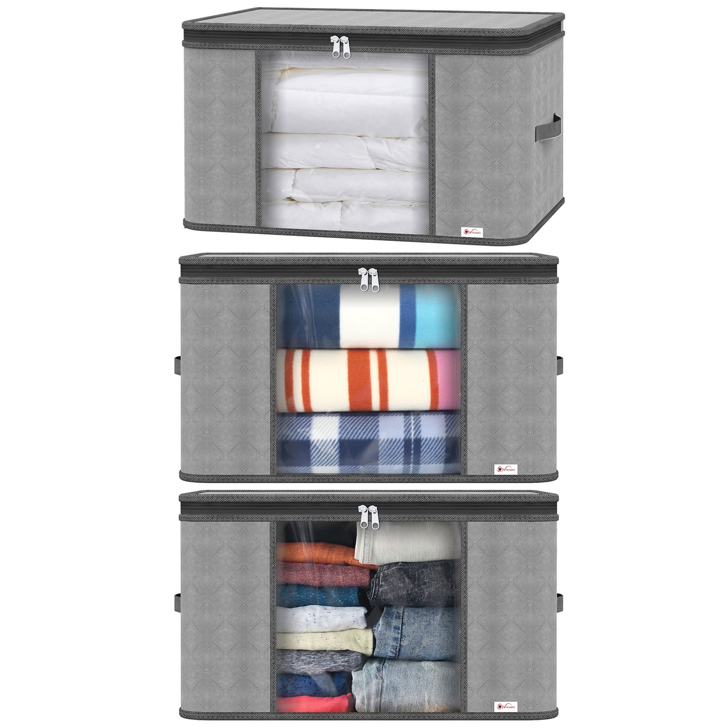 Vinsani 3pcs Deluxe Clothes Storage Bags Organizer Large Capacity Double Zipper, Moisture-Proof Big Clear Windows Perfect Space for Clothes, Beddings, Blankets and Duvet