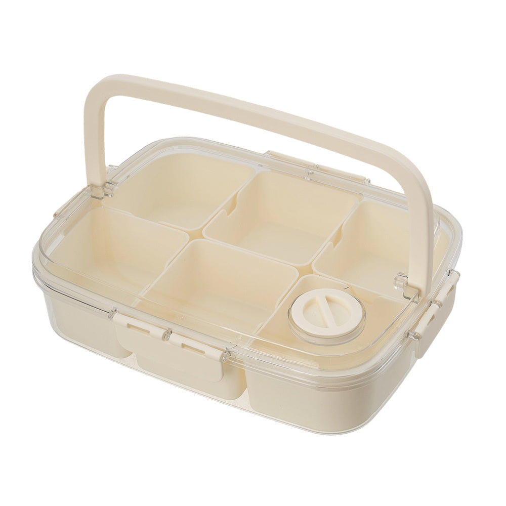 Snack Box with 6 Compartments, Snack Plate with Lid, Portable Storage Box, Bento Box with Handle, Storage Container for Candy, Veggie, Biscuit, Nuts, Fruit, Cream White