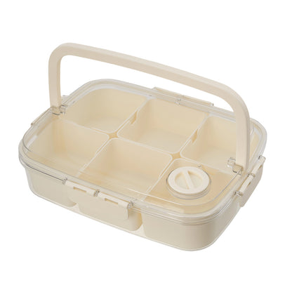Snack Box with 6 Compartments, Snack Plate with Lid, Portable Storage Box, Bento Box with Handle, Storage Container for Candy, Veggie, Biscuit, Nuts, Fruit, Cream White