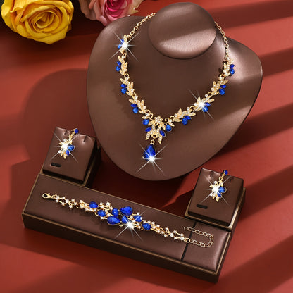 Luxury Blue Jewelry Three-Piece Set: Teardrop Pendant Necklace + Bracelet + Earrings, Women's Banquet Accessories