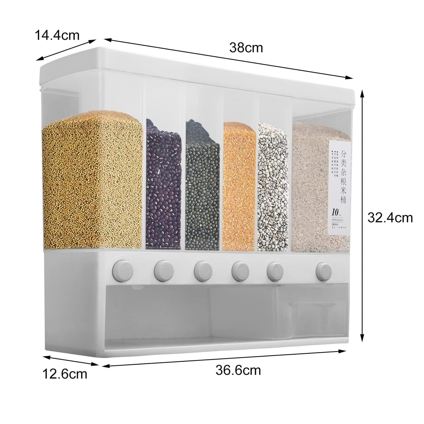 6 in1 Cereal Dispenser Dry Food Dispenser Storage Container Wall Mount Cereal Grain Rice Dispenser 6 Grid Rice Dispenser Food Bucket for Kitchen Home