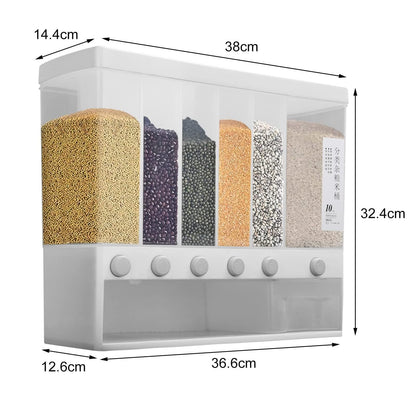 6 in1 Cereal Dispenser Dry Food Dispenser Storage Container Wall Mount Cereal Grain Rice Dispenser 6 Grid Rice Dispenser Food Bucket for Kitchen Home