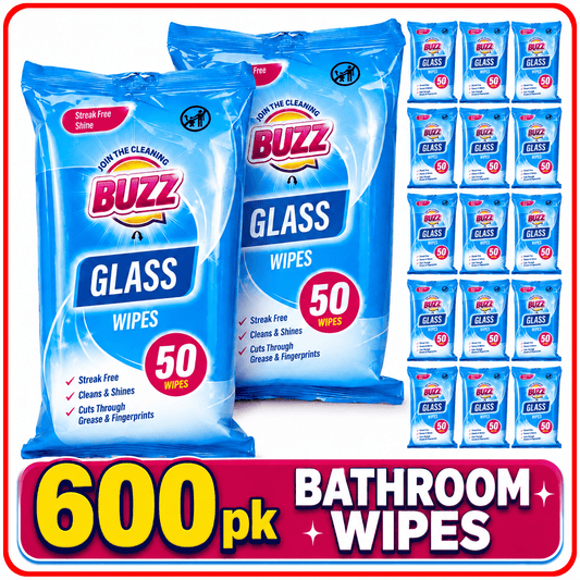 Buzz Glass Cleaning Wipes 600pk | Bulk Streak-Free Window & Mirror Cleaner Wipes | Professional Shine for Home, Car & Screens | Removes Grease & Smudges | Ideal for Holiday Cleaning & Stocking Up