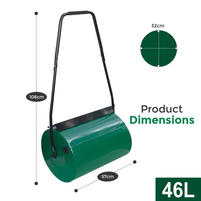 Heavy Duty Garden Grass Lawn Roller - Large Water or Sand Filled Drum, Galvanized Steel Construction, Scraper Bar & Collapsible Handle for Levelling Uneven Ground - Green