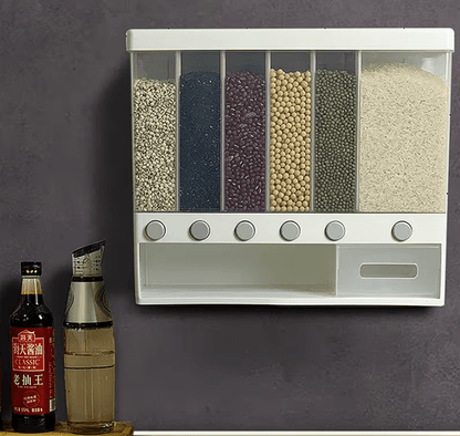 6 in1 Cereal Dispenser Dry Food Dispenser Storage Container Wall Mount Cereal Grain Rice Dispenser 6 Grid Rice Dispenser Food Bucket for Kitchen Home