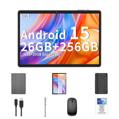 QDDQ Android 15 Tablet 10.1 Inch with Keyboard Wireless Mouse Case Stylus 26GB RAM 256GB or 12GB RAM 64GB ROM LED Screen Gaming WiFi USB-C