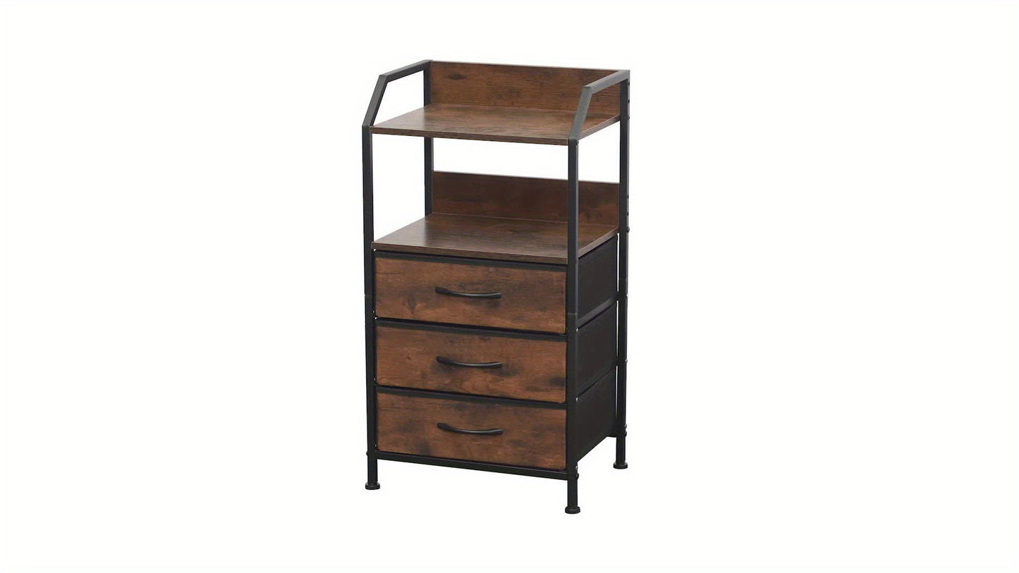Modern End Table with 3 Fabric Drawers & 2 Open Shelves - Metal Frame Bedside Table, Light Beige Finish, 68.58cm Height, 3, 2 Cu Ft Storage, Easy Assembly for Bedroom & Living Room, Bedroom Nightstand, Contemporary Design, Sturdy Construction, Minimalist