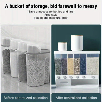 6 in1 Cereal Dispenser Dry Food Dispenser Storage Container Wall Mount Cereal Grain Rice Dispenser 6 Grid Rice Dispenser Food Bucket for Kitchen Home