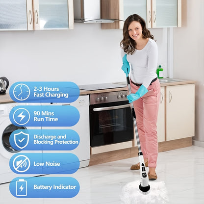 Electric Rotary Cleaner, 2H Power Dual Speed Cleaning Brush, Adjustable Extension Handle with 9 Replaceable Brush Heads, Suitable for Bathroom Bathtub Tile Floor Car