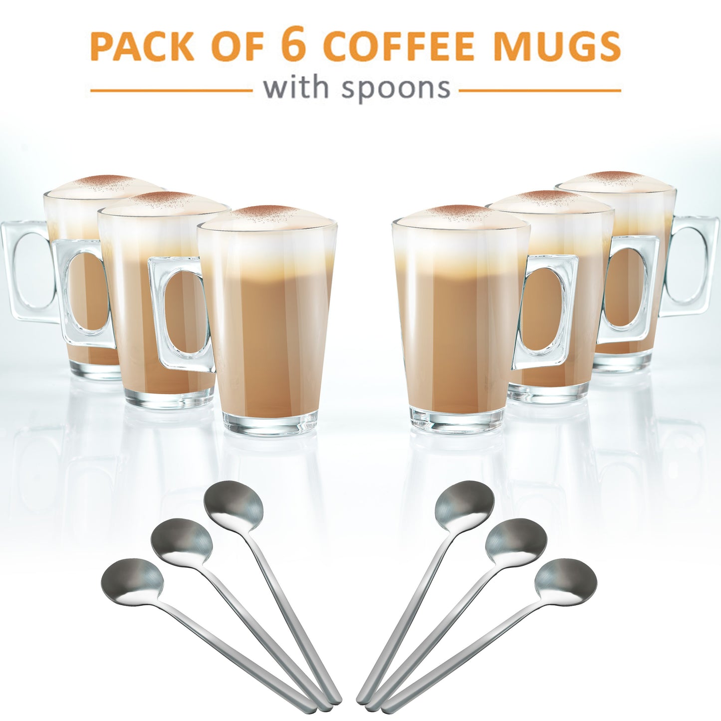Set of 6 Latte Glasses, Latte Mugs 240 ml Temperature Resistant - Stylish Latte Cups Hot Drink Cafe Mugs - Ideal for Ice Cream Latte, Cappuccino & Hot Chocolate - Transparent