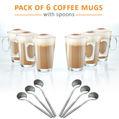Set of 6 Latte Glasses, Latte Mugs 240 ml Temperature Resistant - Stylish Latte Cups Hot Drink Cafe Mugs - Ideal for Ice Cream Latte, Cappuccino & Hot Chocolate - Transparent