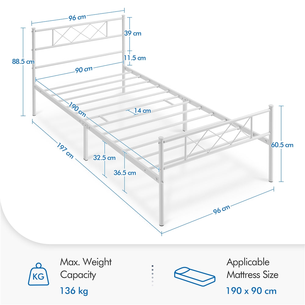 Costoffs Metal Bed Frame Metal-Framed Bed Base with Storage, Bed Foundation for Small Space, Easy Assembly Bed Foundation with Cross-design Headboard and Footboard for Bedrooms, Single/Double/king, Black/White/Pink