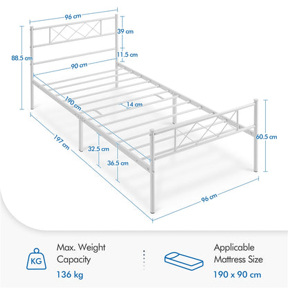 Costoffs Metal Bed Frame Metal-Framed Bed Base with Storage, Bed Foundation for Small Space, Easy Assembly Bed Foundation with Cross-design Headboard and Footboard for Bedrooms, Single/Double/king, Black/White/Pink