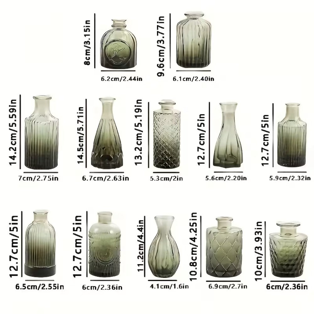 12pcs Blue/Green Glass Bud Vase Set, Mini Retro Small Vase, Ideal Rural Centerpiece for Wedding Decoration, Family Dining Table Decoration And Floral Arrangement