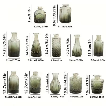 12pcs Blue/Green Glass Bud Vase Set, Mini Retro Small Vase, Ideal Rural Centerpiece for Wedding Decoration, Family Dining Table Decoration And Floral Arrangement
