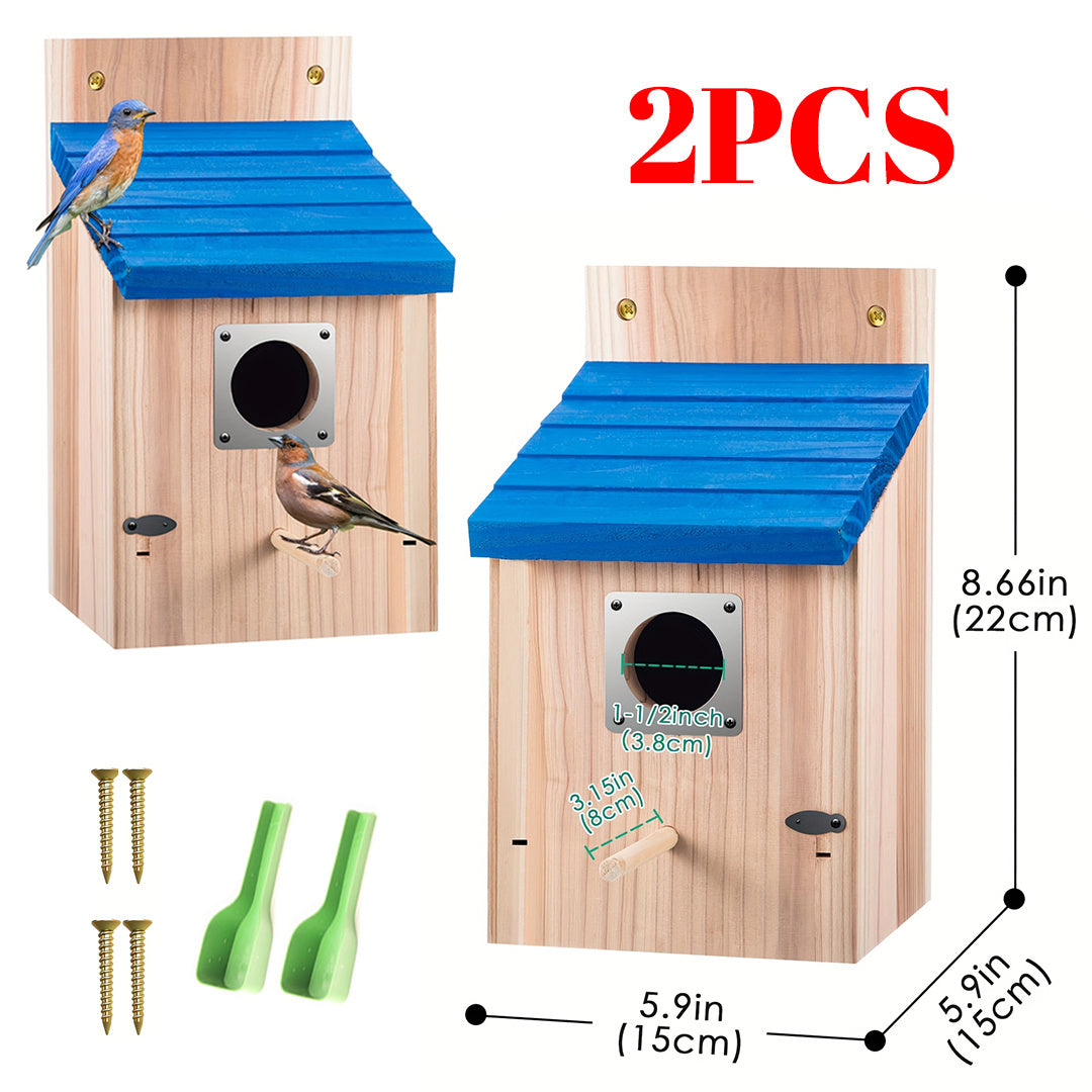2pcs Cedar Bluebird Box Houses with Metal Guard, Secure Latch, Fledgling Grooves, Air Vents - Wooden Bird Houses for Outside, 1-1/2" Entrance Hole, Perfect for Bluebirds, Wrens, Swallows, Bird Feeder Houses | Classic Style | Wooden Construction, Bird Hous