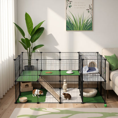 2-Floor Metal Pet Playpen, 36 Grid Panels, Customisable Cage Enclosure for Small Animals, Guinea Pigs Hamster Runs, Rabbit Hutches, Includes Mallet, Indoor, 143 x 73 x 71 cm, White/Black