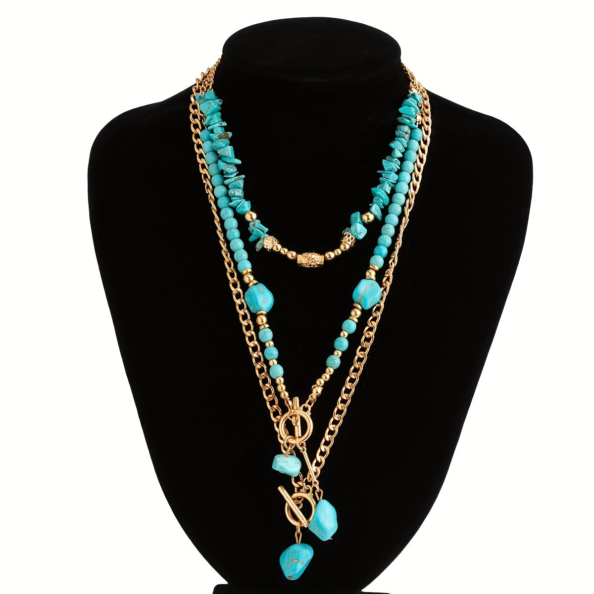 A set of three bohemian turquoise beaded stacked necklaces for women, perfect as accessories for holidays, birthdays, dates, parties, vacations, shopping, and daily commutes