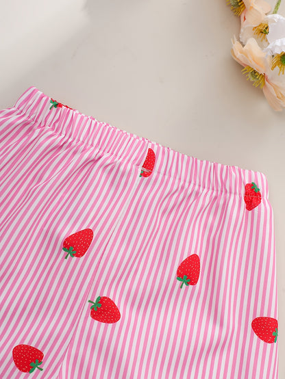A Two-Piece Set. A Tank Top And Shorts Outfit Featuring Strawberry Prints, Striped Patterns, Bow Decorations, And a Ruffled Hem Design. This Is a Casual Summer Outfit for Girls. It Makes a Great Gift for Girls' Clothing. Suitable for Outdoor Wear