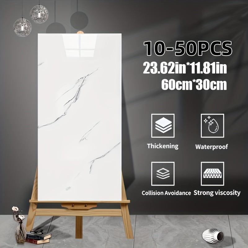 10-50pcs Marble Pattern Self-Adhesive Wall Decor Stickers, Glossy Finish, Washable Crystal Plastic Surface Recommended, Rectangle Waterproof And Oil Resistant Vinyl Wall Panels for Kitchen Bathroom Decor, for Halloween Christmas