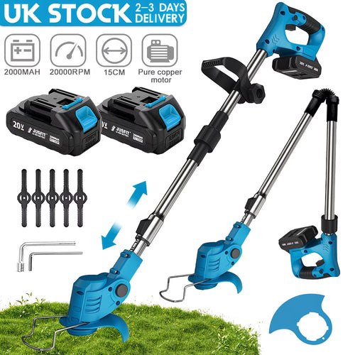 Machine ONLY Cordless Grass Trimmer, 3-in-1 Upgraded Electric Grass Trimmer with 2pcs 2.0Ah Large Capacity Battery, Pure Copper Motor, Telescopic & Foldable Handle, Removable Wheels, 360°Adjustable, Lawn Mowing, Weed Eater, Garden Edging, Landscaping, for
