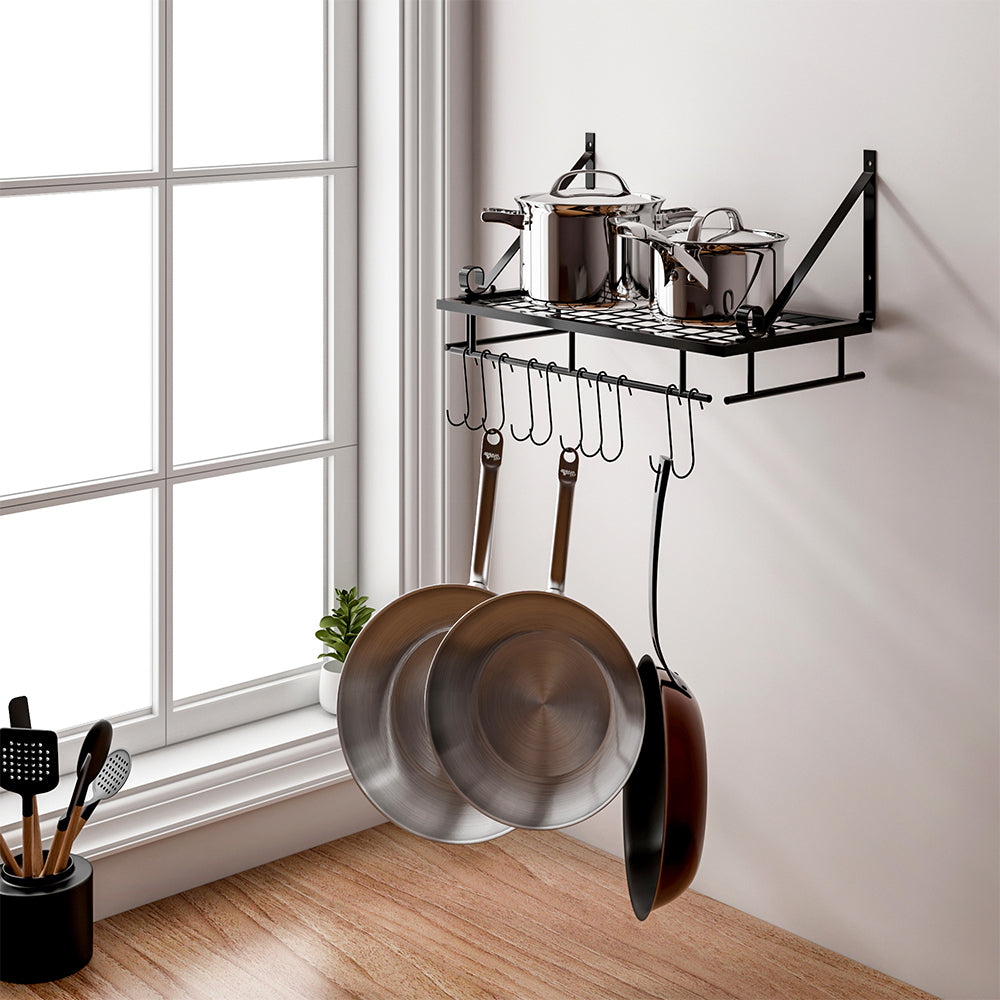 10-Hook Heavy Duty Metal Wall-Mounted Kitchen Organizer, Multifunctional Hanging Rack for Pots, Pans, and Cooking Utensils Storage, Space Saving Design for Small Kitchens