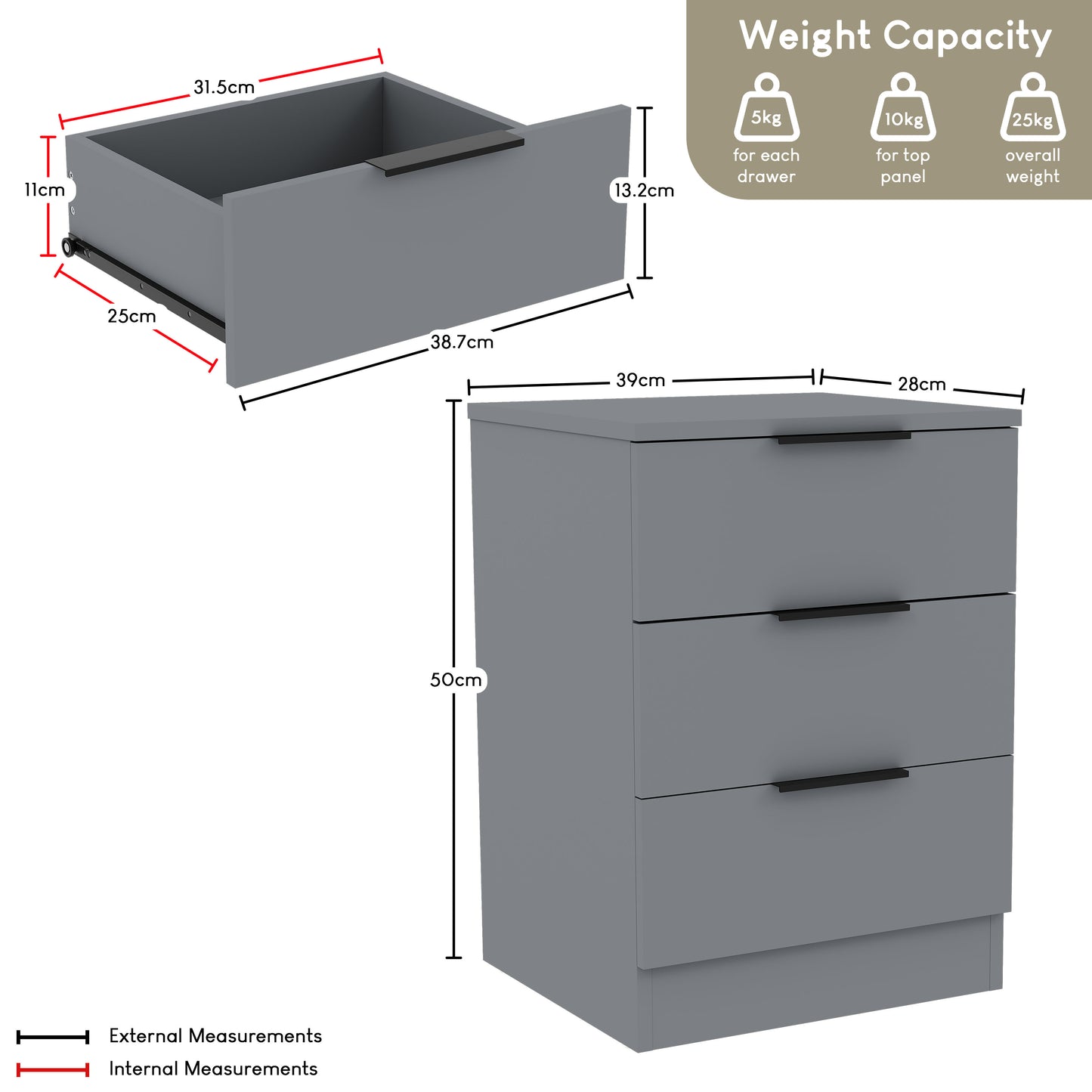 Modern 3 Drawer Bedside Table Chest of Drawers Dresser Nightstand Space Saving Storage Organizer Bedroom Furniture
