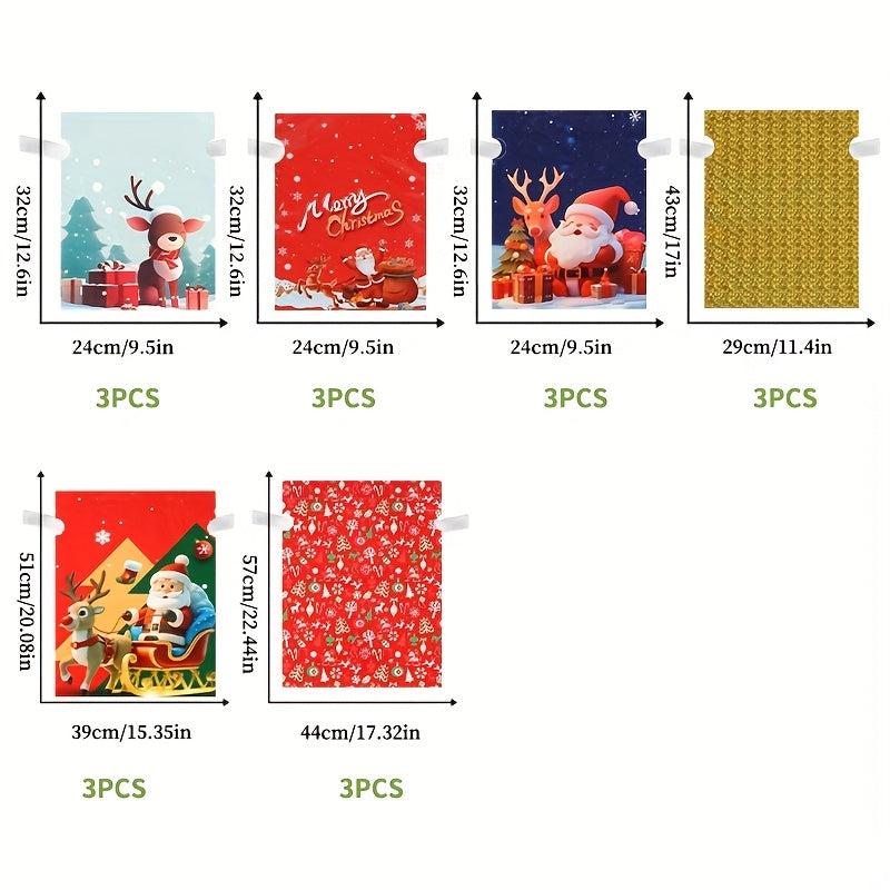 18pcs (36 Ties) Reusable Christmas Gift Bags with Ropes - Cute Snowman, Reindeer & Santa Claus Patterns, Tie-Top Closure, Various Sizes for Party Favors, Stocking Stuffers, Holiday Wrapping (PP Polypropylene) - & Xmas