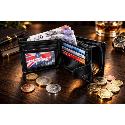 Men's Genuine Leather RFID Blocking Bifold Wallet – 7 Card Slots, ID Window, Zip Coin Pocket & Note Pockets | Slim Black Wallet for Men | Free UK Delivery