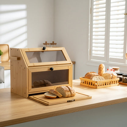 Double Layer Bread Box for Kitchen Counter, 2 Decker Large Wooden Bread Bin, Corner Bread Storage Container with Acrylic Windows, Dry Food Container with Air Vents to Keep Fresh, Self Assembly