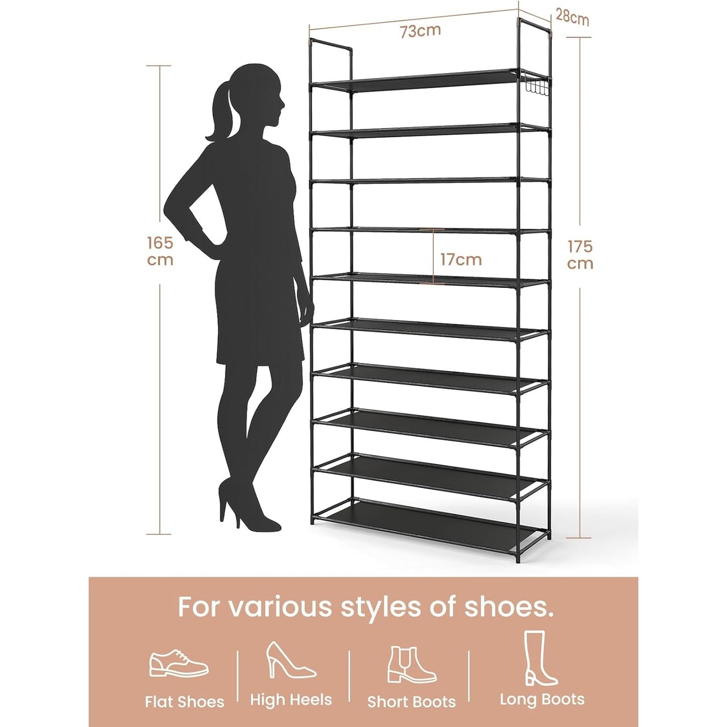 Shoe Rack 10 Tier Shoe Storage Organizer for 40 Pairs, Large Tall Shoes Slot with Hooks, Space Saving Shoe Shelf Holder for Closet Entryway Garage Bedroom