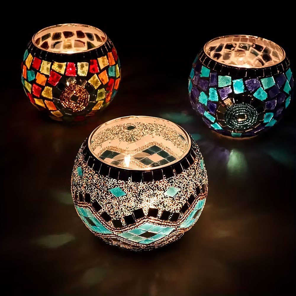 Mosaic Glass Tealight Holders – Three-Piece Set