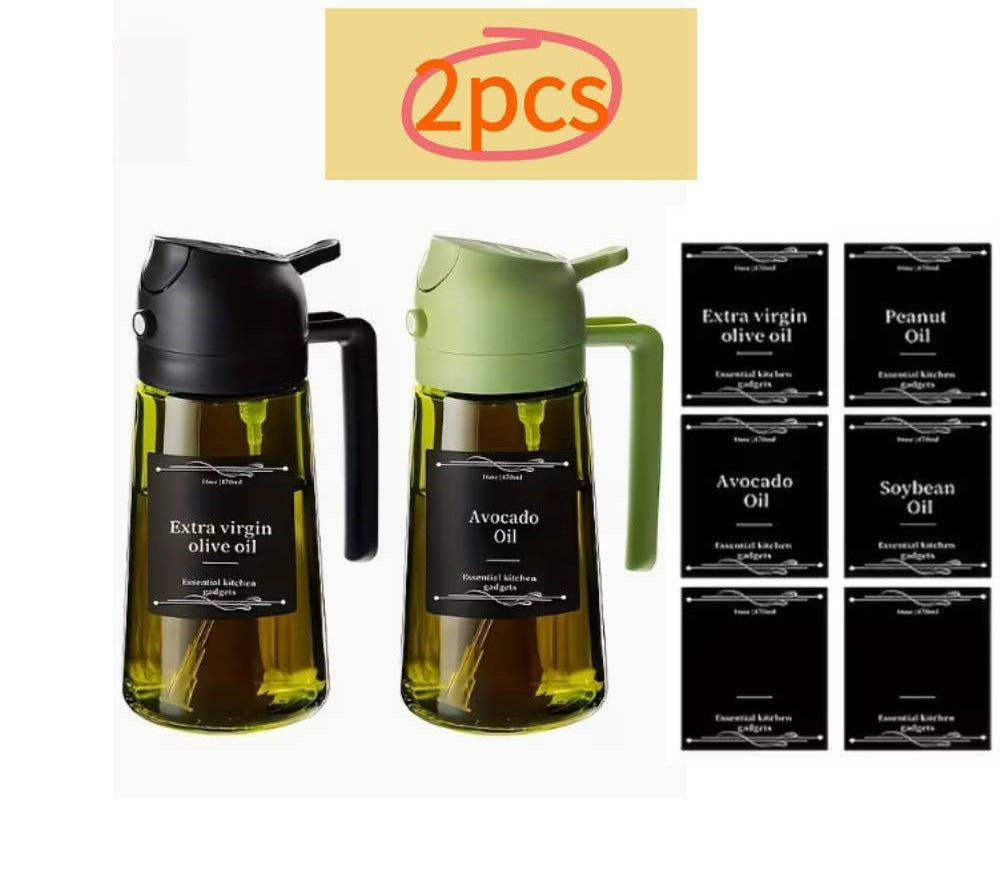 Set of 2 Kitchen Glass Olive Oil Dispensers, a 2-In-1 Oil Bottle And Cooking Sprayer, 16-Ounce Premium Dark Green Glass Oil Bottle, Cooking Oil Dispenser, Kitchen Oil Sprayer, Includes 6 Stickers, Suitable for Grilling, Rvs, Salads