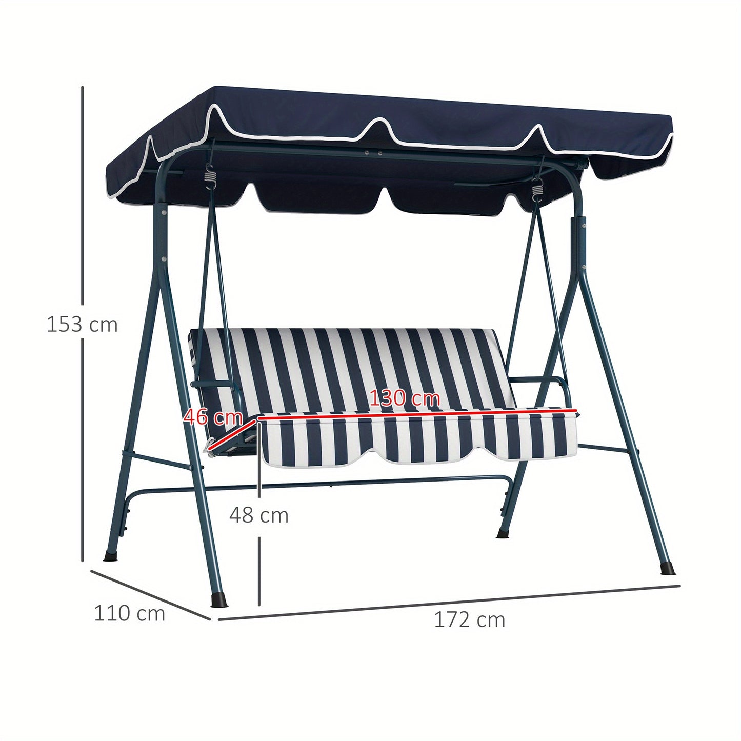 Three-Person Swing Chair Featuring an Adjustable Canopy, a Garden Swing Seat with a Steel Frame, And a Padded Seat in Blue And White