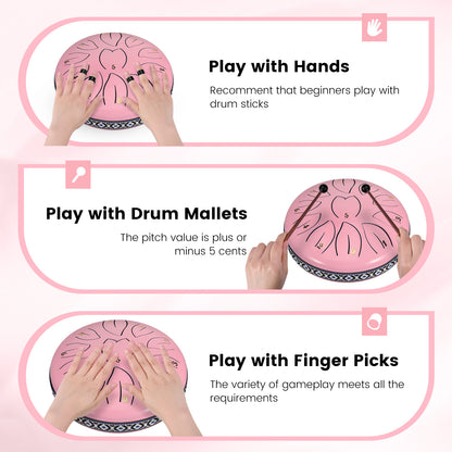 Steel Tongue Drum 11 Note 6 Inches D-Key Rain Drums for Garden,Handpan Drums with Music Book, Mallets and Carry Bag,Percussion Instrument Gift for Meditation Musical Education Mind Healing