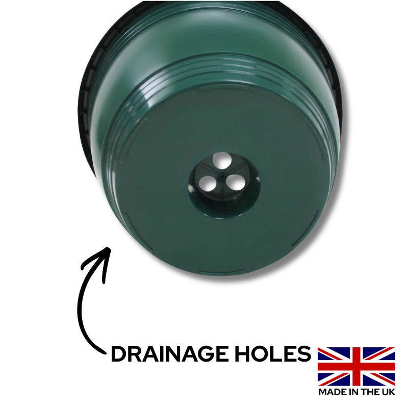Set of 4 Plastic Hanging Baskets Dark Green - 5L Pots With Drainage Holes. Made in the UK From Recycled Plastics suitable for Flowers, Vegetables, Plants with hooks and pots. Easy Hanging, Indoor and Outdoor. Durable.