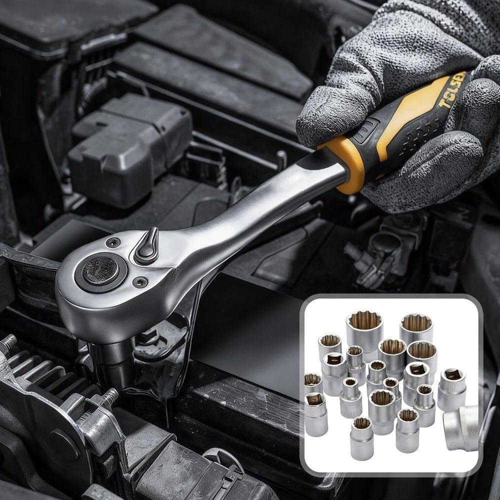 Spline Socket Set 19-Piece 1/2" Drive Metric 8-32mm Chrome Vanadium 12-Point CrV Socket Kit for Automotive & Mechanical Repair – Non-Slip Universal Wrench Set