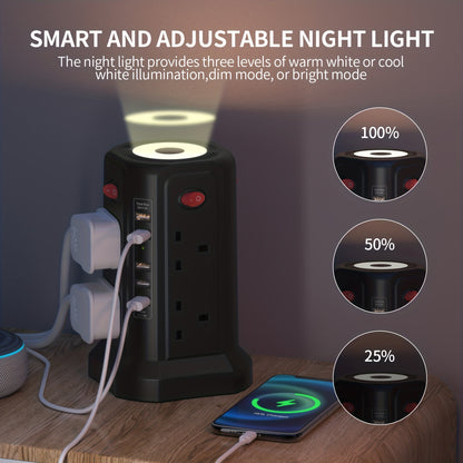 Upgraded New Product Tower Extension with USB Slots 3.02m, 20W Fast Charger with Night Light, (13A 3250W)5 USB Ports & 8 Way, Surge Protected Extension with 4 Independent Switch, Extension Cable for Home Office for Business for Factory