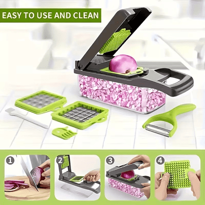 A Multifunctional 16-In-1 Food Chopper, Including a Vegetable Chopper, Onion Chopper, Vegetable Slicer, Dicer, And More, Equipped with 8 Blades, a Strainer Basket, And Containers for Salad, Potatoes, Carrots, And Garlic, Along with a Drainage Basket
