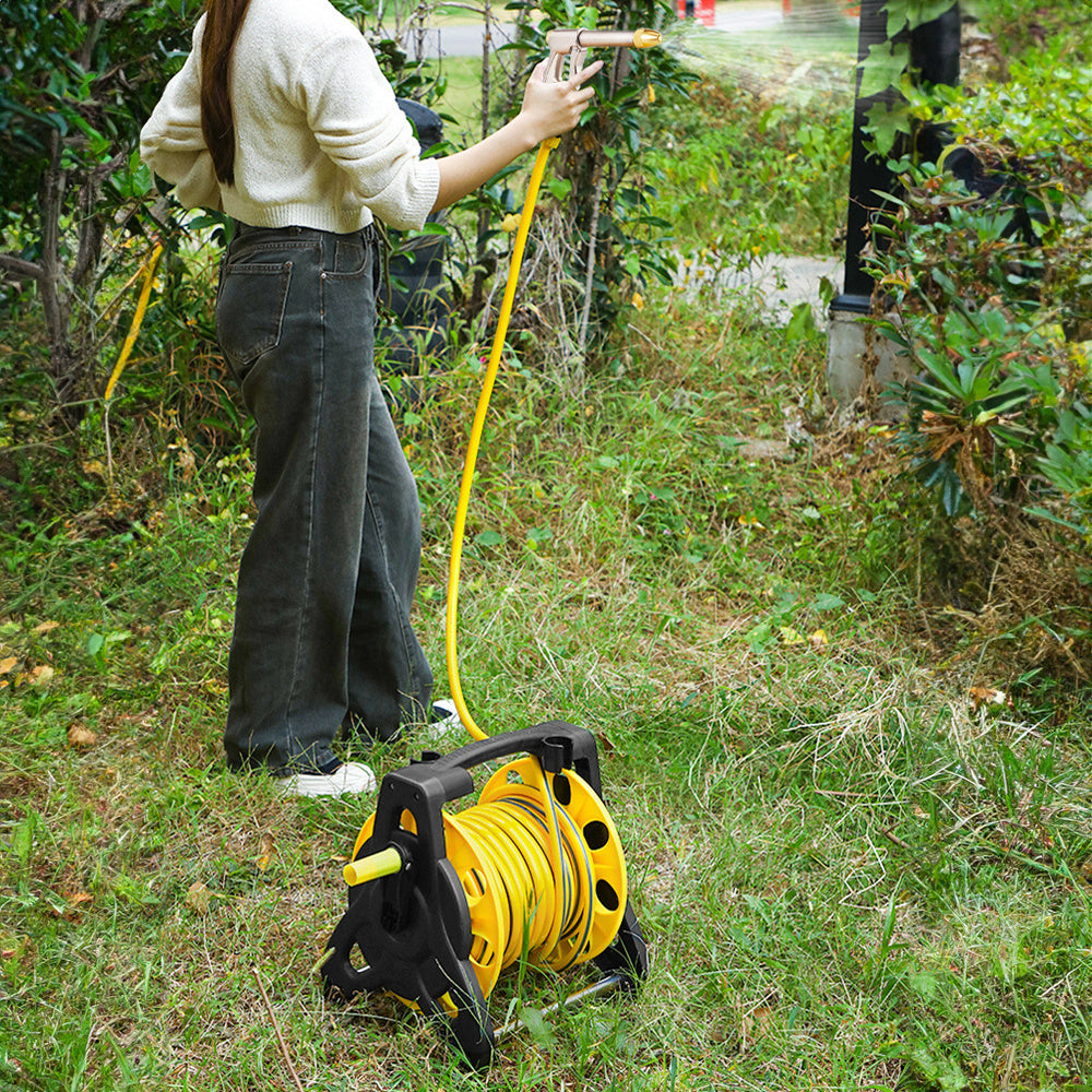 Complete Watering Kit/ Garden Hose Reel Trolley Portable With 20-50M Hose Pipe, Sprinkler Gun & Connector - Heavy Duty Watering System for Outdoor/Lawn/Car Wash (Yellow)