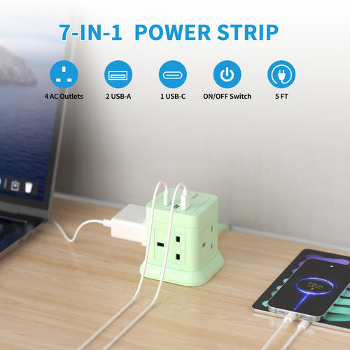 UK 7-in-1 Cubic Power Strip, 1.5m Extension Cable, with Power Switch, 4 AC Outlets And 3 USB Ports, 5-side Charging Non Blocking Design, Compact Size for Home, Office (green)