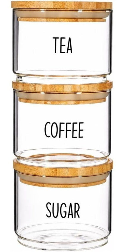Stackable Glass Storage Jars with Airtight Bamboo Lids Set of 3 – Clear Kitchen Canisters for Tea, Coffee, Sugar & Pantry Organisation