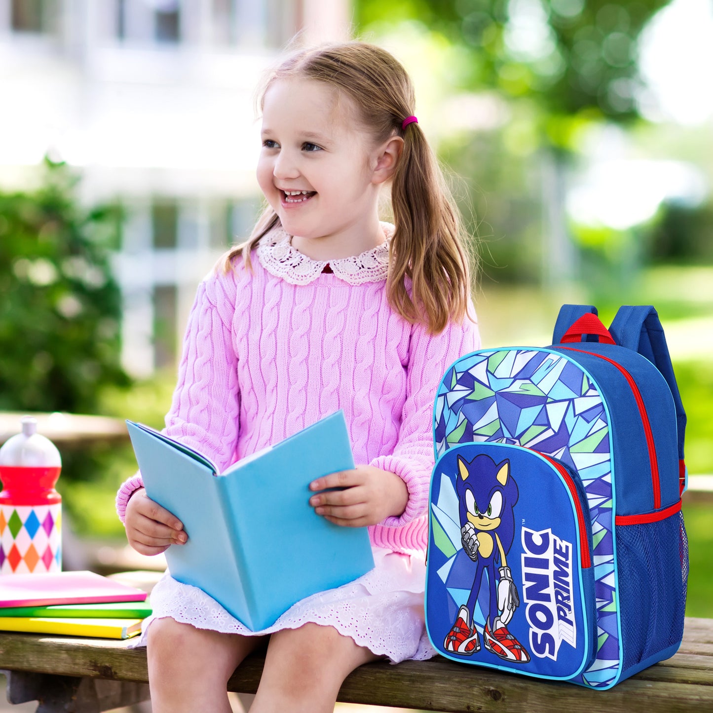 Sonic Prime Kids Childrens Premium Backpack School Rucksack Travel Bag with side mesh pocket and front zipped pocket
