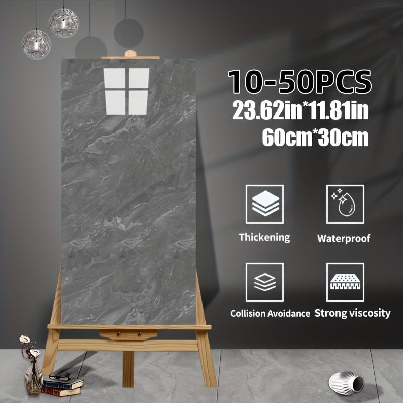 10-50pcs Marble Pattern Self-Adhesive Wall Decor Stickers, Glossy Finish, Washable Crystal Plastic Surface Recommended, Rectangle Waterproof And Oil Resistant Vinyl Wall Panels for Kitchen Bathroom Decor, for Halloween Christmas