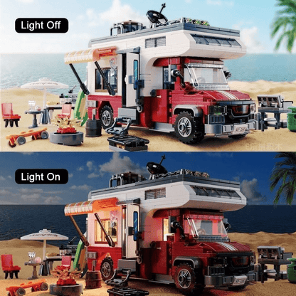 Camper Van Building Blocks Toy, Street View Series Building Blocks, Decompression Assembly Model, Desktop Decoration Ornament, With Built-In Light Up Components, Rich Camping Scene Accessories, Highly Restored Detailed Appearance, No Stuck During Assembly