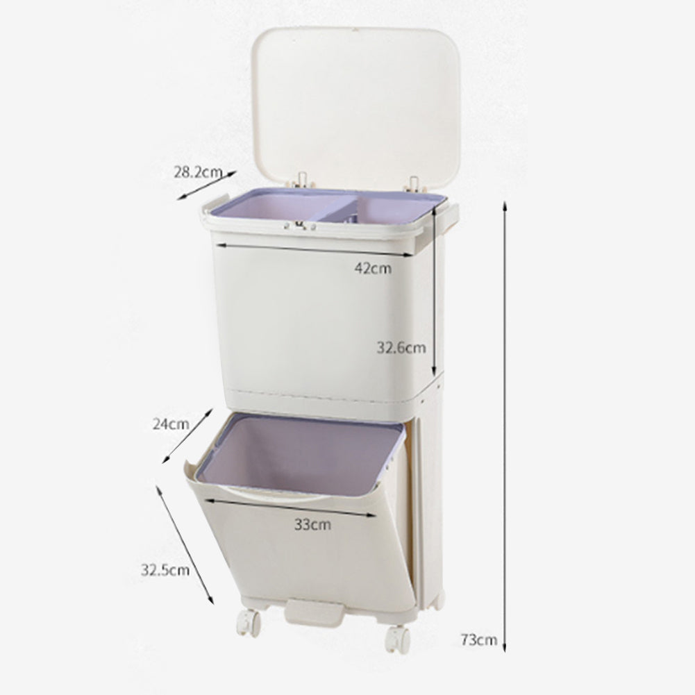 Large Capacity 38L Rolling Office Trash Bin, Dual Compartment Waste Bin for Wet & Dry Separation, Mobile Office & Living Room Rubbish Bin, Sturdy Plastic, local warehouse